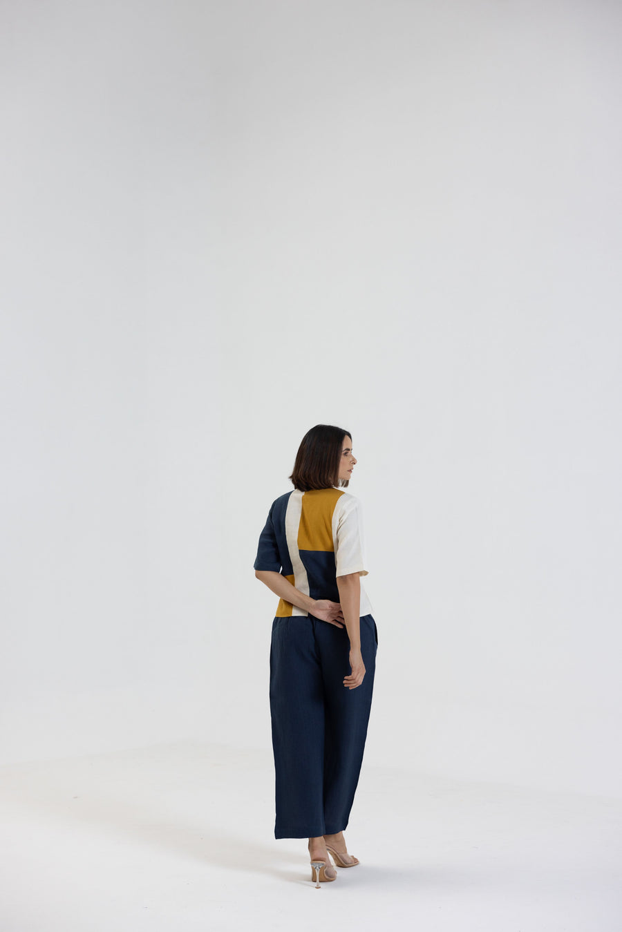 Cotton Linen Shirt Pant Set in Colour Block