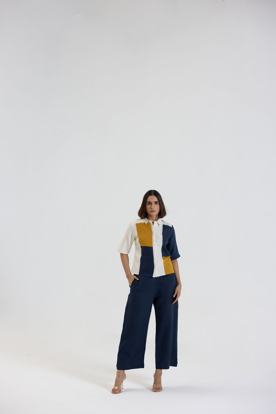 Cotton Linen Shirt Pant Set in Colour Block