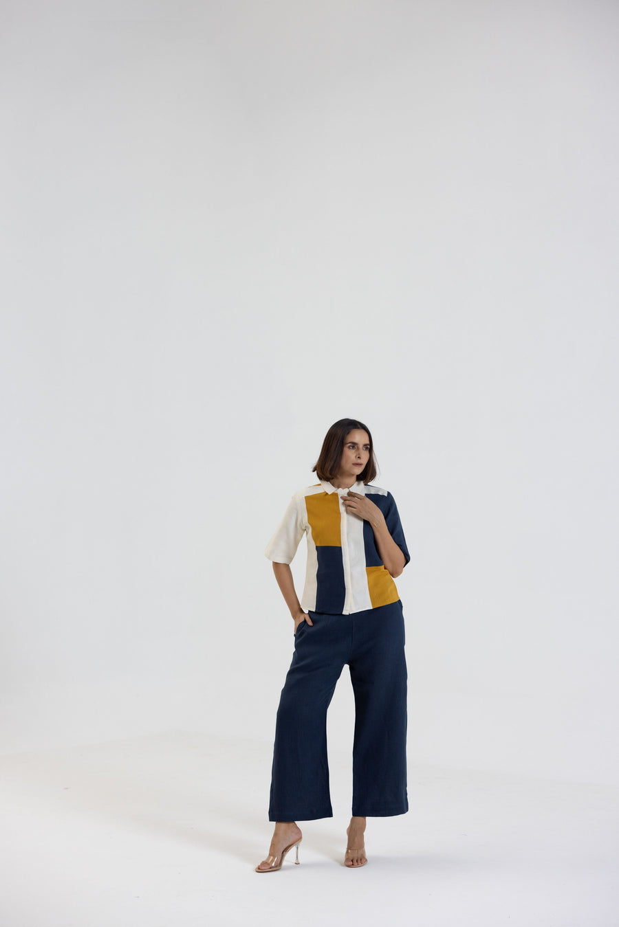 Cotton Linen Shirt Pant Set in Colour Block