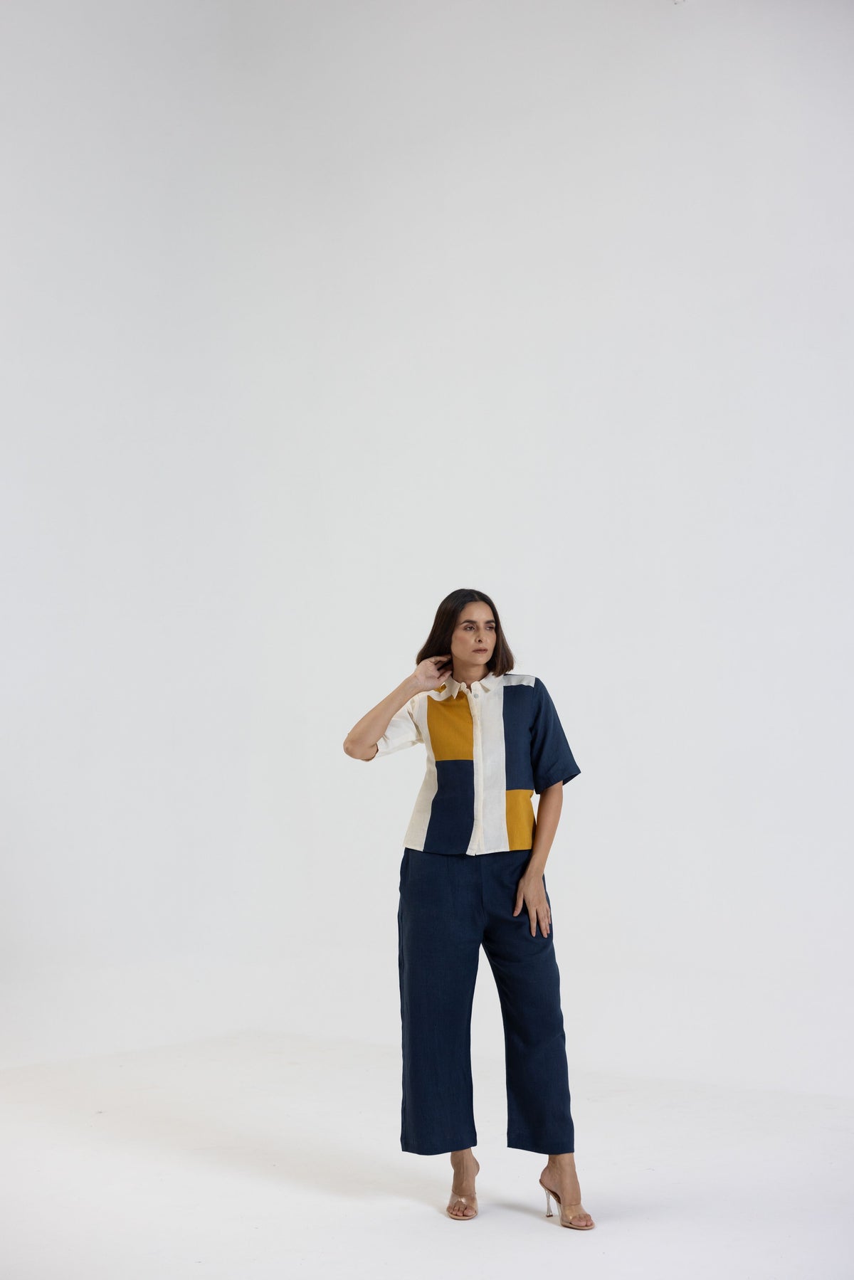 Cotton Linen Shirt Pant Set in Colour Block