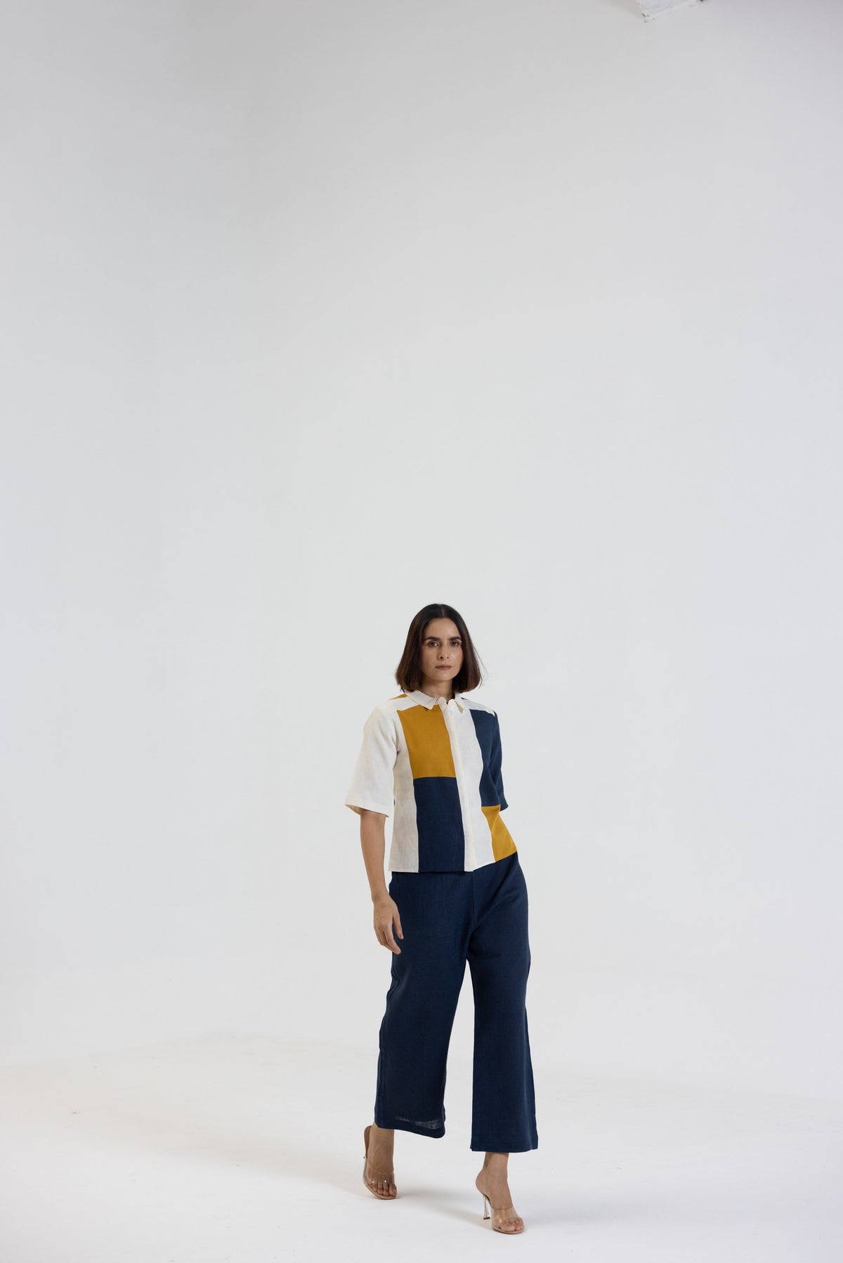 Cotton Linen Shirt Pant Set in Colour Block