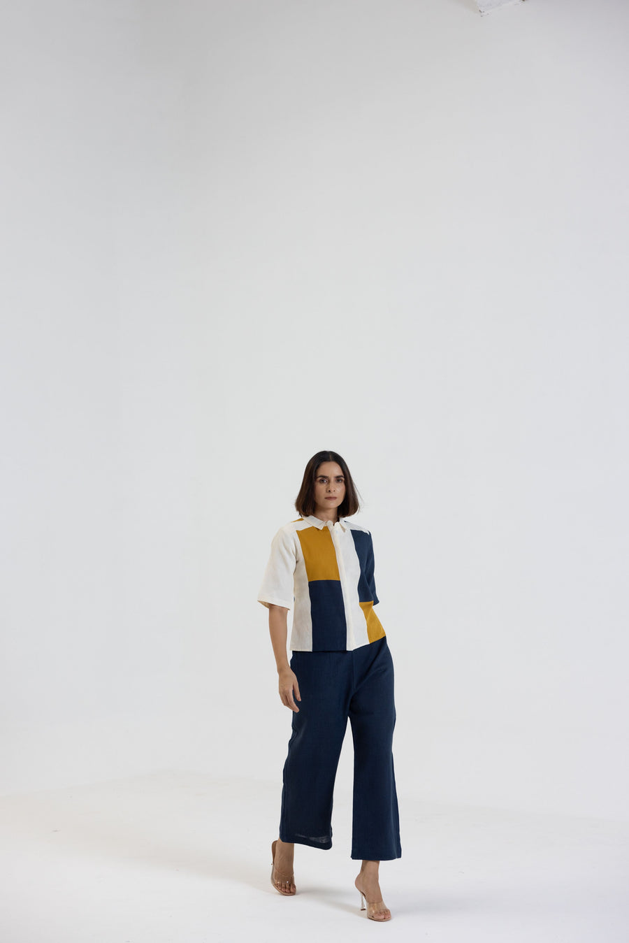 Cotton Linen Shirt Pant Set in Colour Block