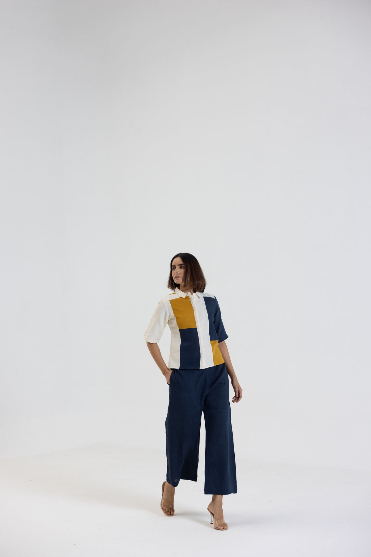 Cotton Linen Shirt Pant Set in Colour Block