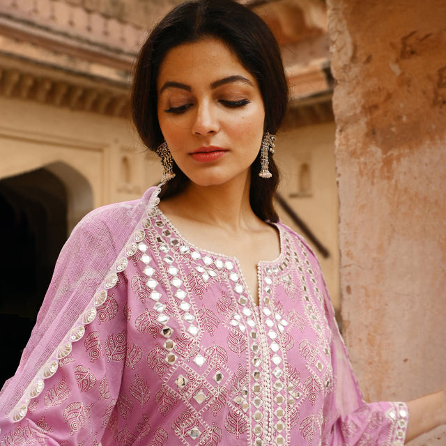 Mauve Embroidered Cotton Kurta Pant Set With Dupatta