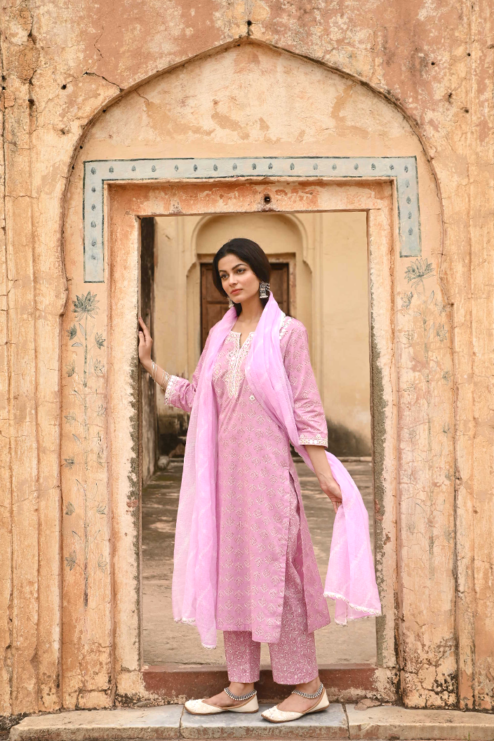 Mauve Embroidered Cotton Kurta Pant Set With Dupatta