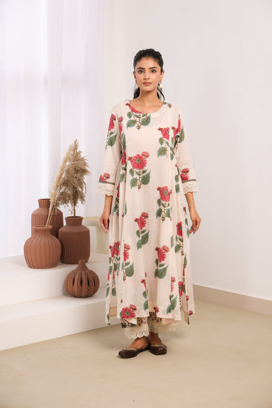 Cream Mul Cotton Gathered Kurta with Pink Floral Motifs, Lace & Bead Work – Pant Set