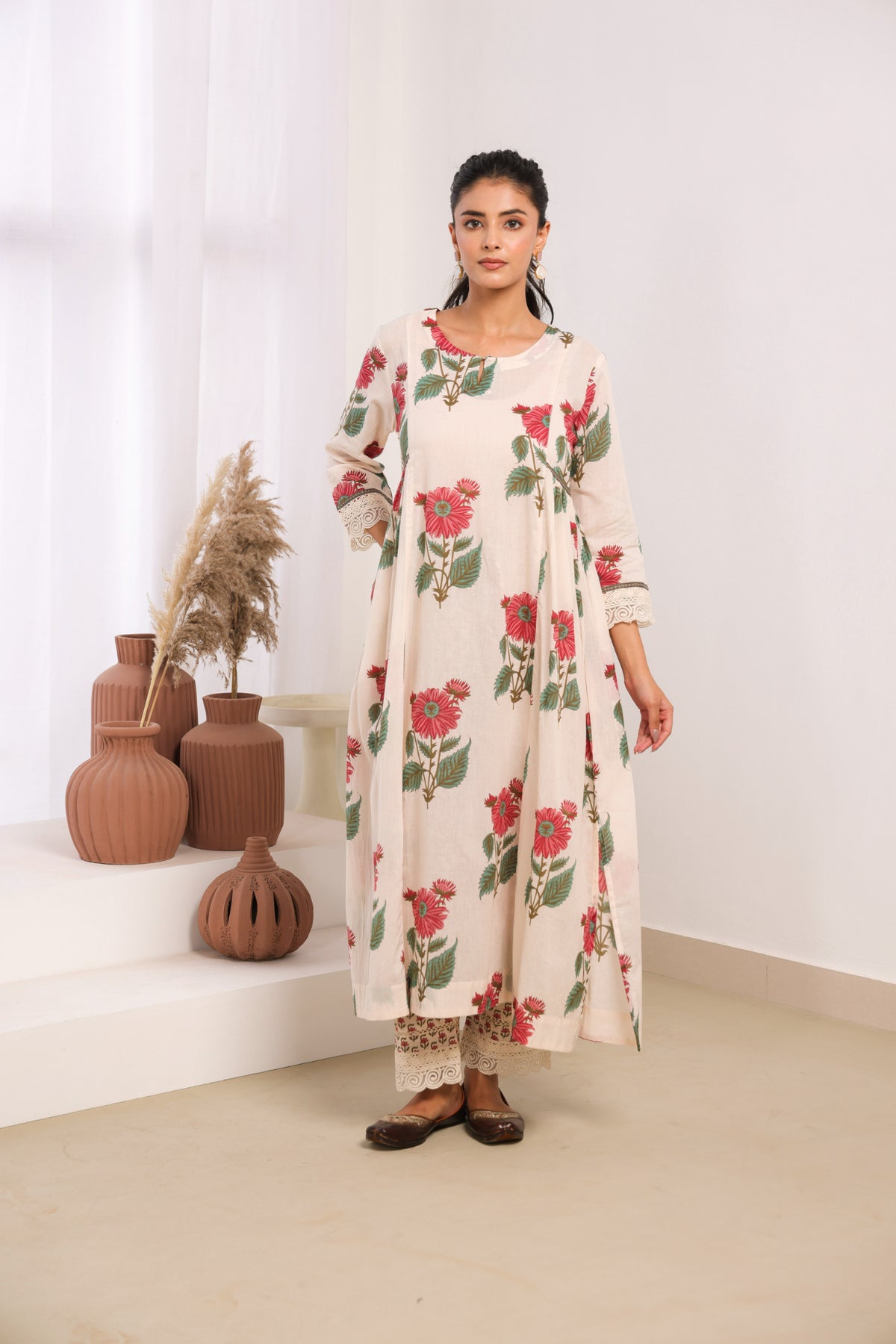 Cream Mul Cotton Gathered Kurta with Pink Floral Motifs, Lace & Bead Work – Pant Set