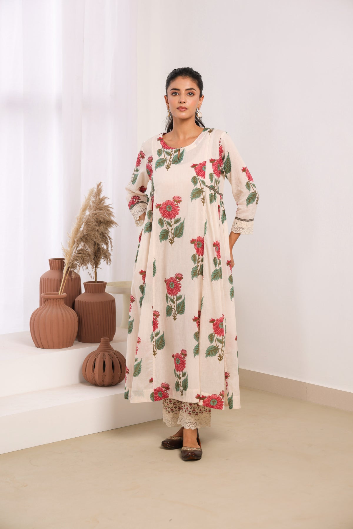 Cream Mul Cotton Gathered Kurta with Pink Floral Motifs, Lace & Bead Work – Pant Set