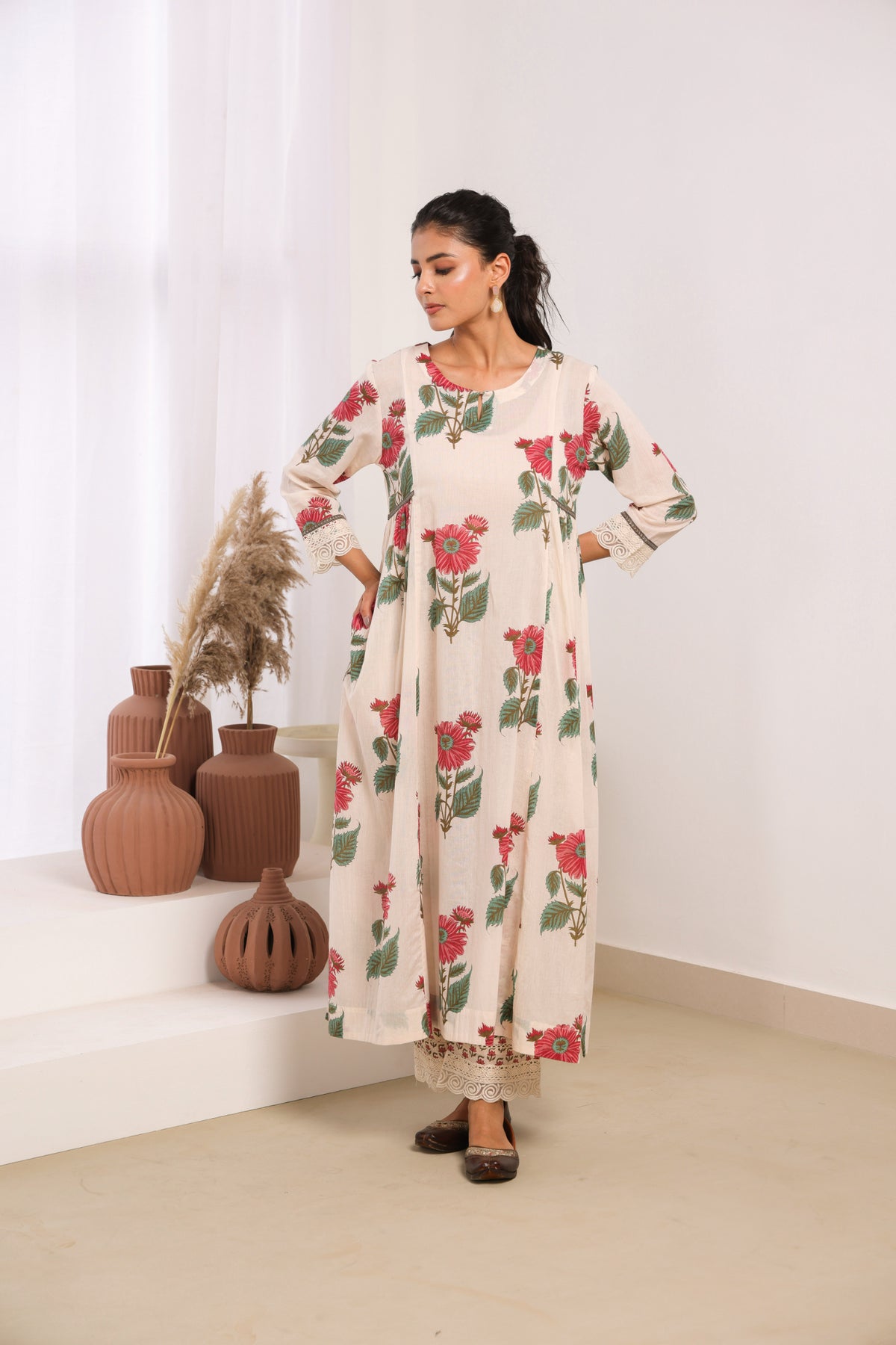 Cream Mul Cotton Gathered Kurta with Pink Floral Motifs, Lace & Bead Work – Pant Set