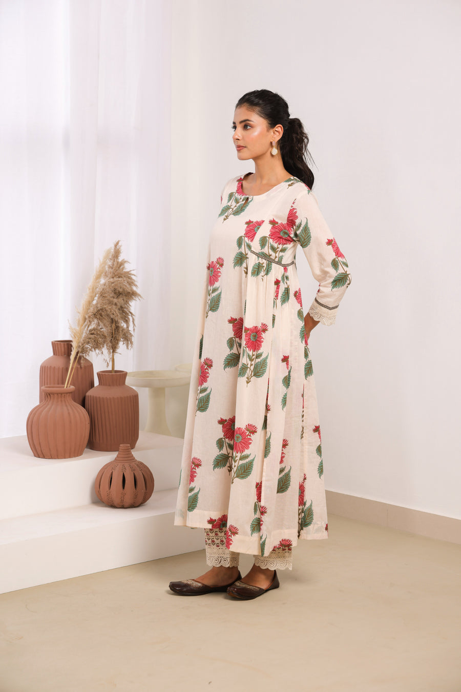 Cream Mul Cotton Gathered Kurta with Pink Floral Motifs, Lace & Bead Work – Pant Set