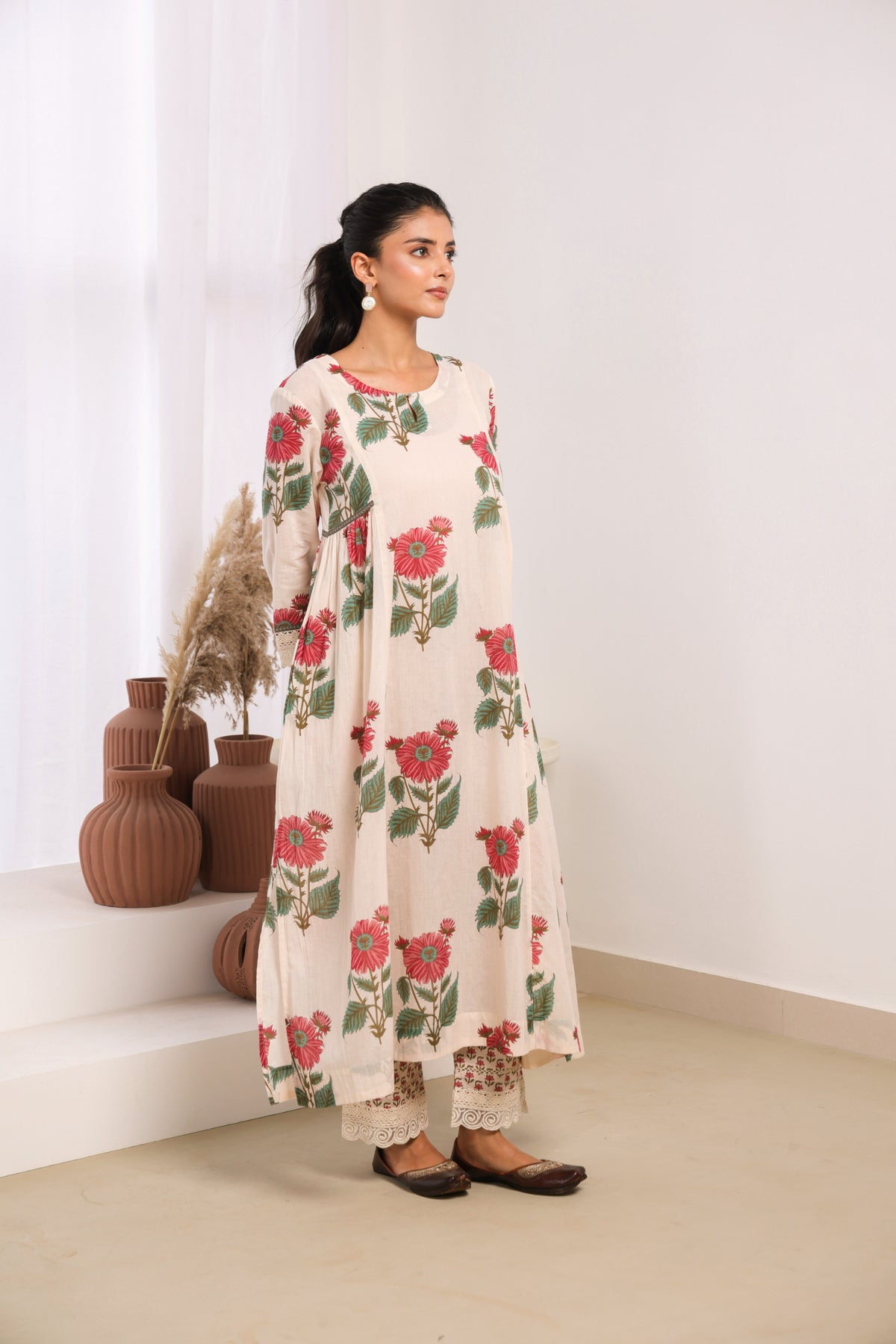 Cream Mul Cotton Gathered Kurta with Pink Floral Motifs, Lace & Bead Work – Pant Set