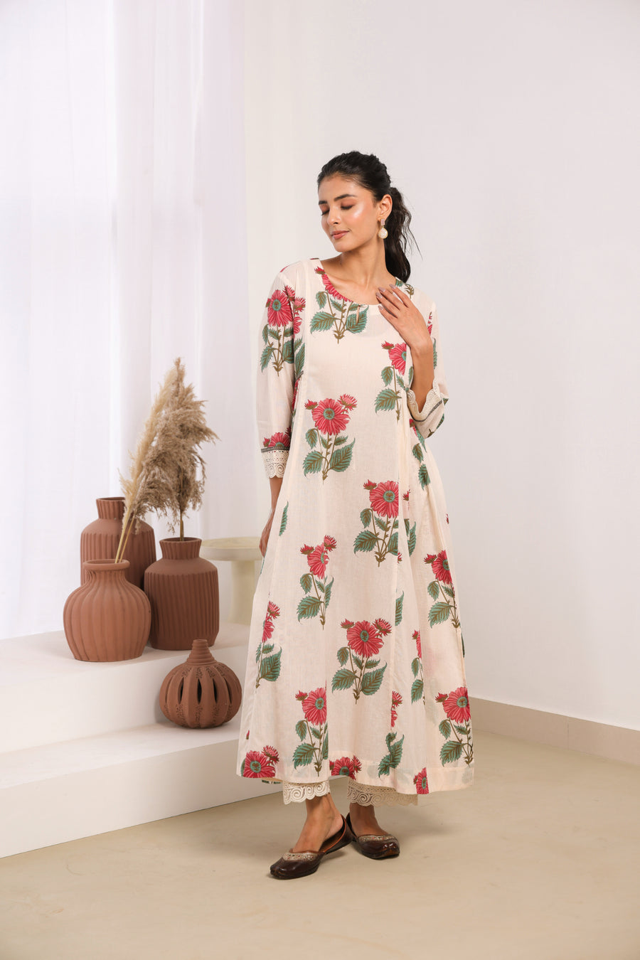 Cream Mul Cotton Gathered Kurta with Pink Floral Motifs, Lace & Bead Work – Pant Set
