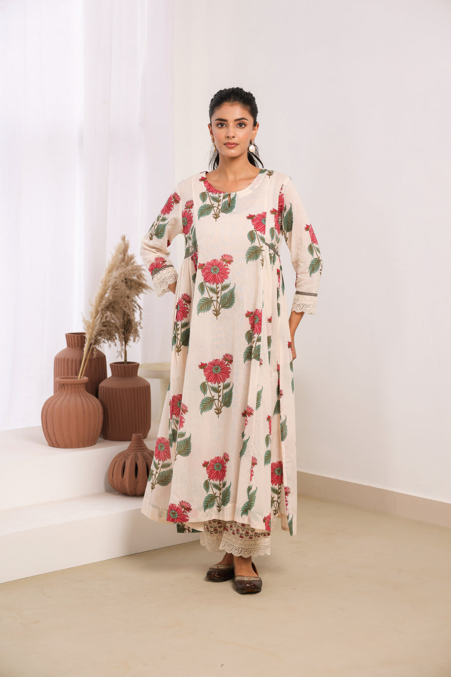 Cream Mul Cotton Gathered Kurta with Pink Floral Motifs, Lace & Bead Work – Pant Set