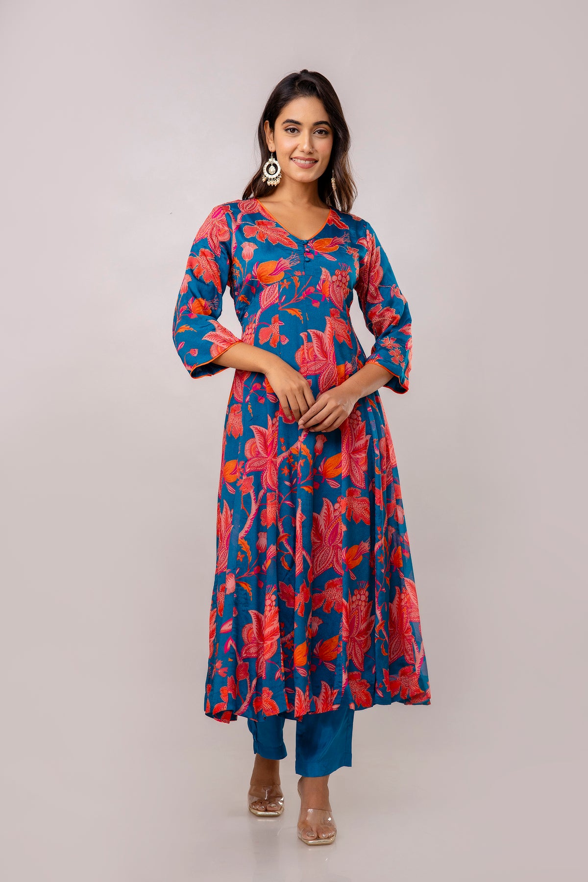 Teal Chinnon Embroidered Kalidaar Kurta Pant
