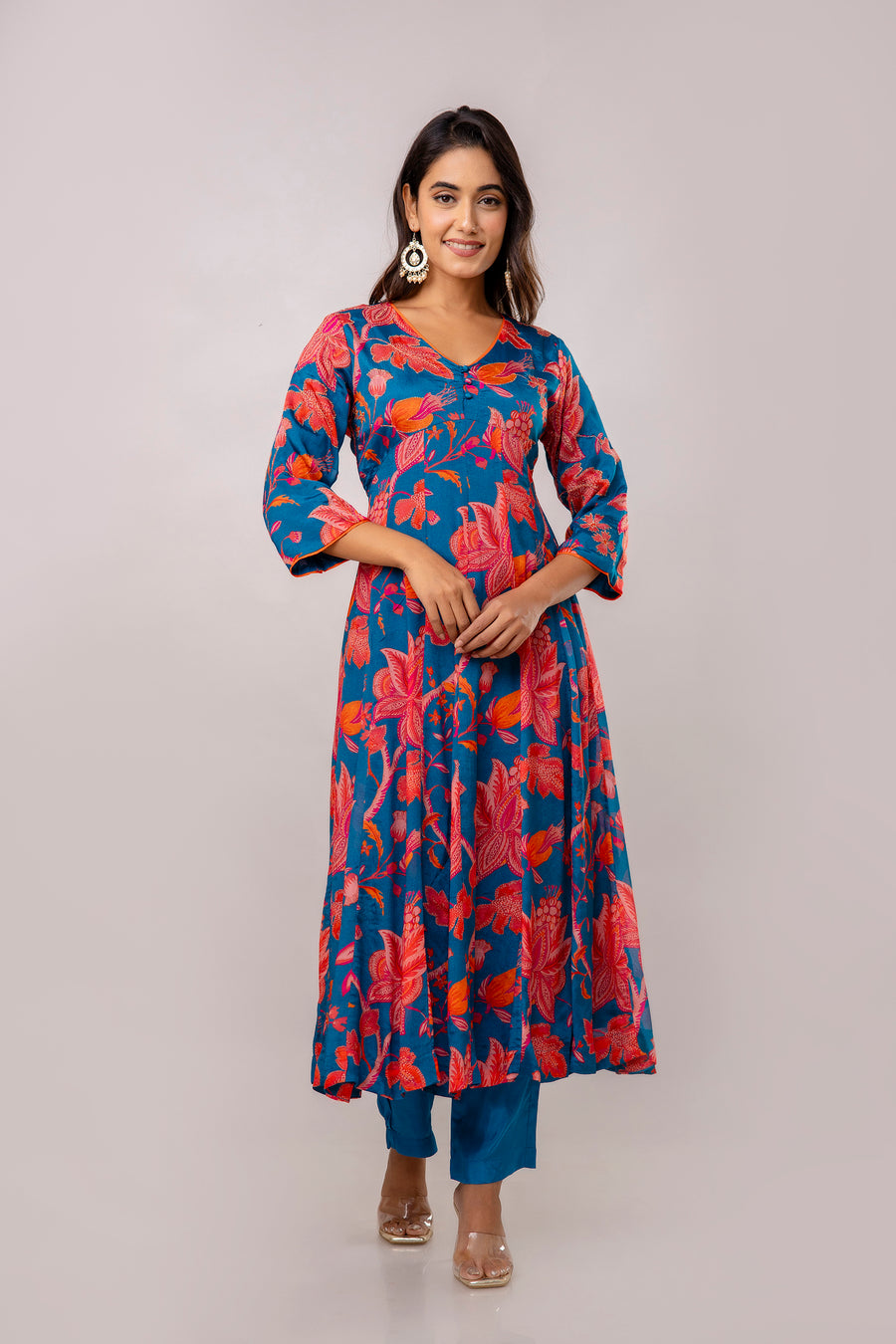 Teal Chinnon Embroidered Kalidaar Kurta Pant
