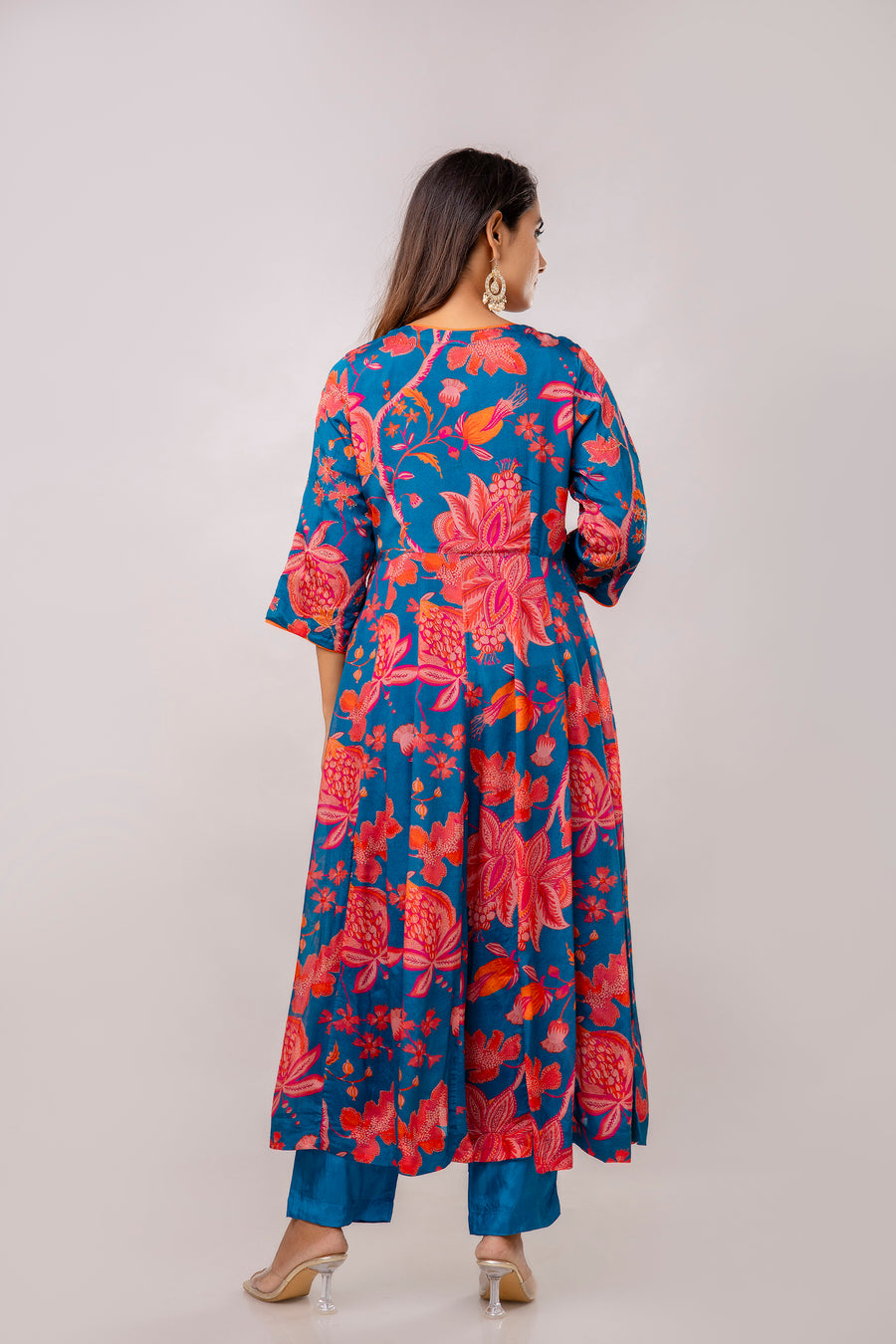 Teal Chinnon Embroidered Kalidaar Kurta Pant
