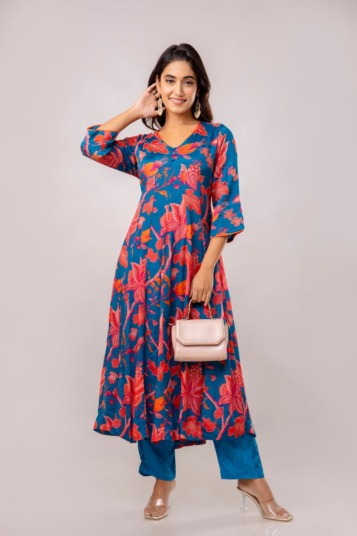 Teal Chinnon Embroidered Kalidaar Kurta Pant