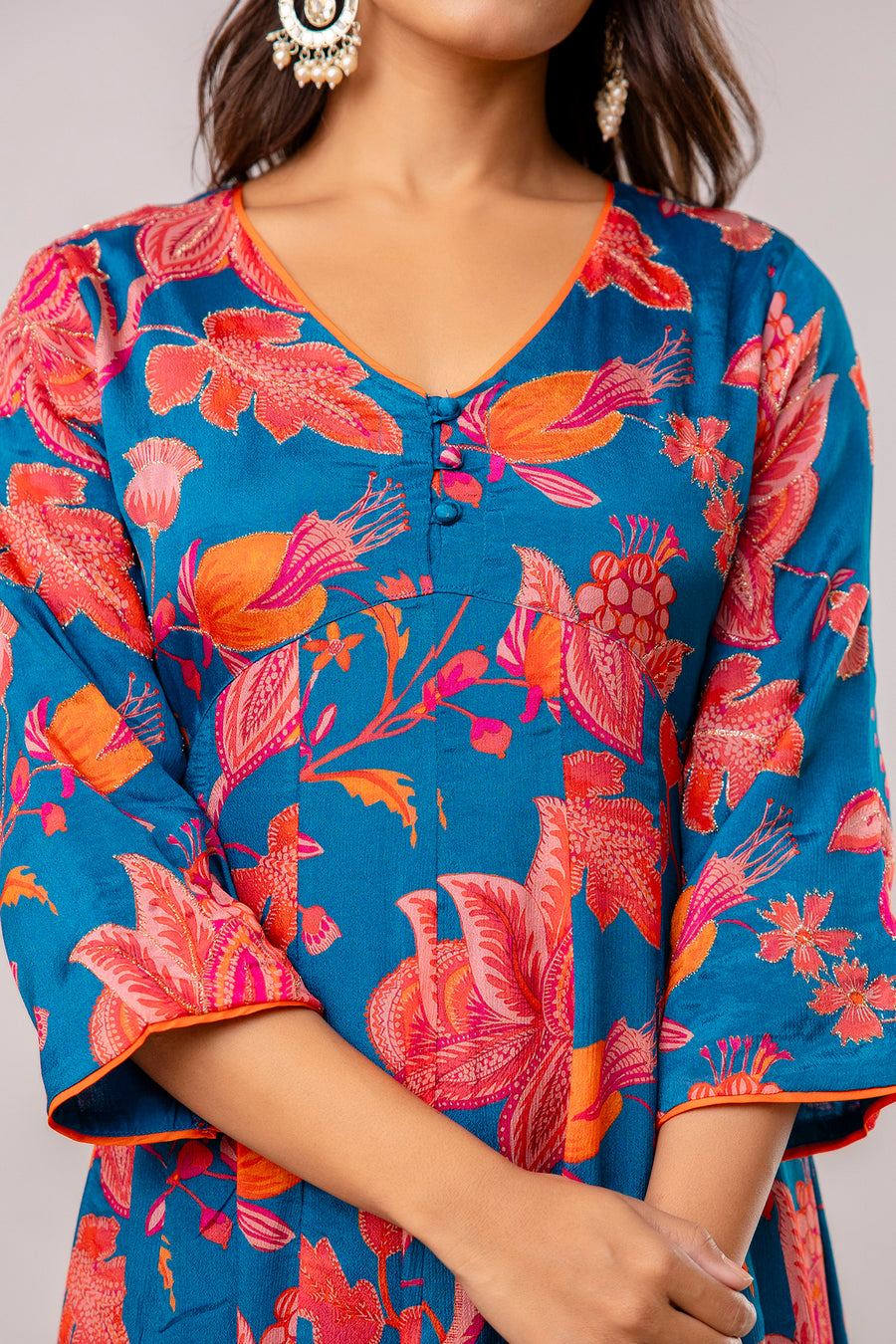Teal Chinnon Embroidered Kalidaar Kurta Pant
