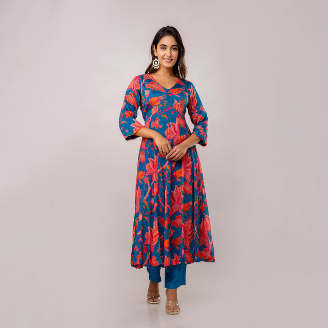 Teal Chinnon Embroidered Kalidaar Kurta Pant