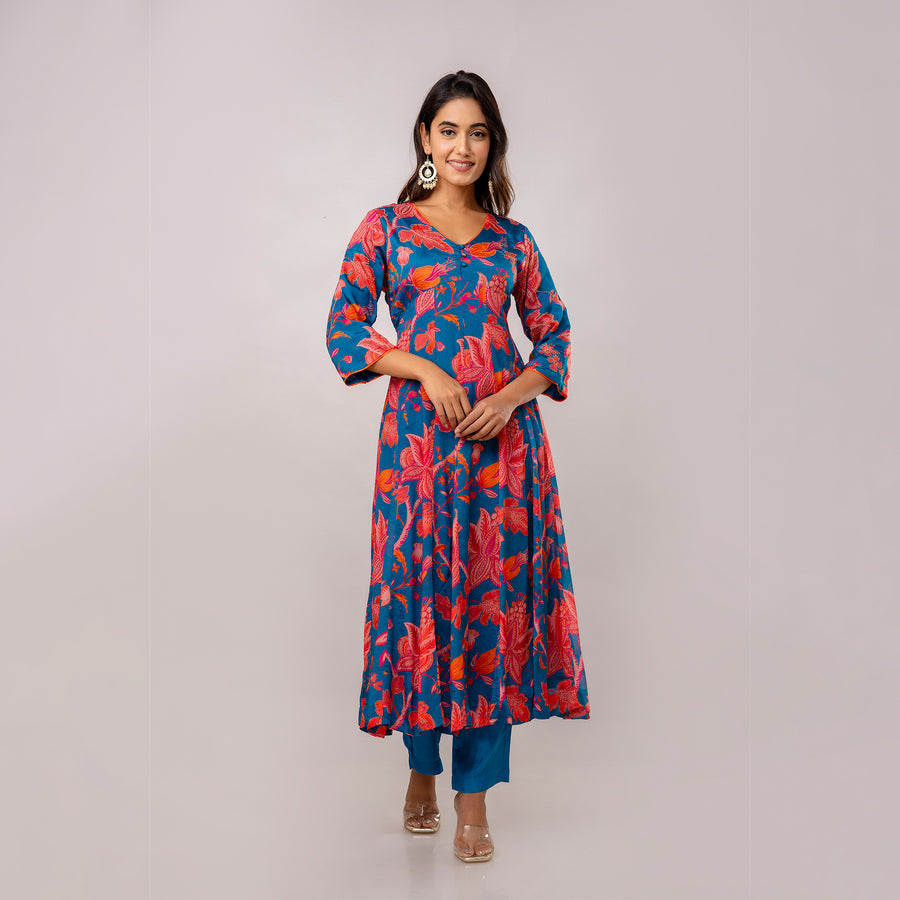 Teal Chinnon Embroidered Kalidaar Kurta Pant