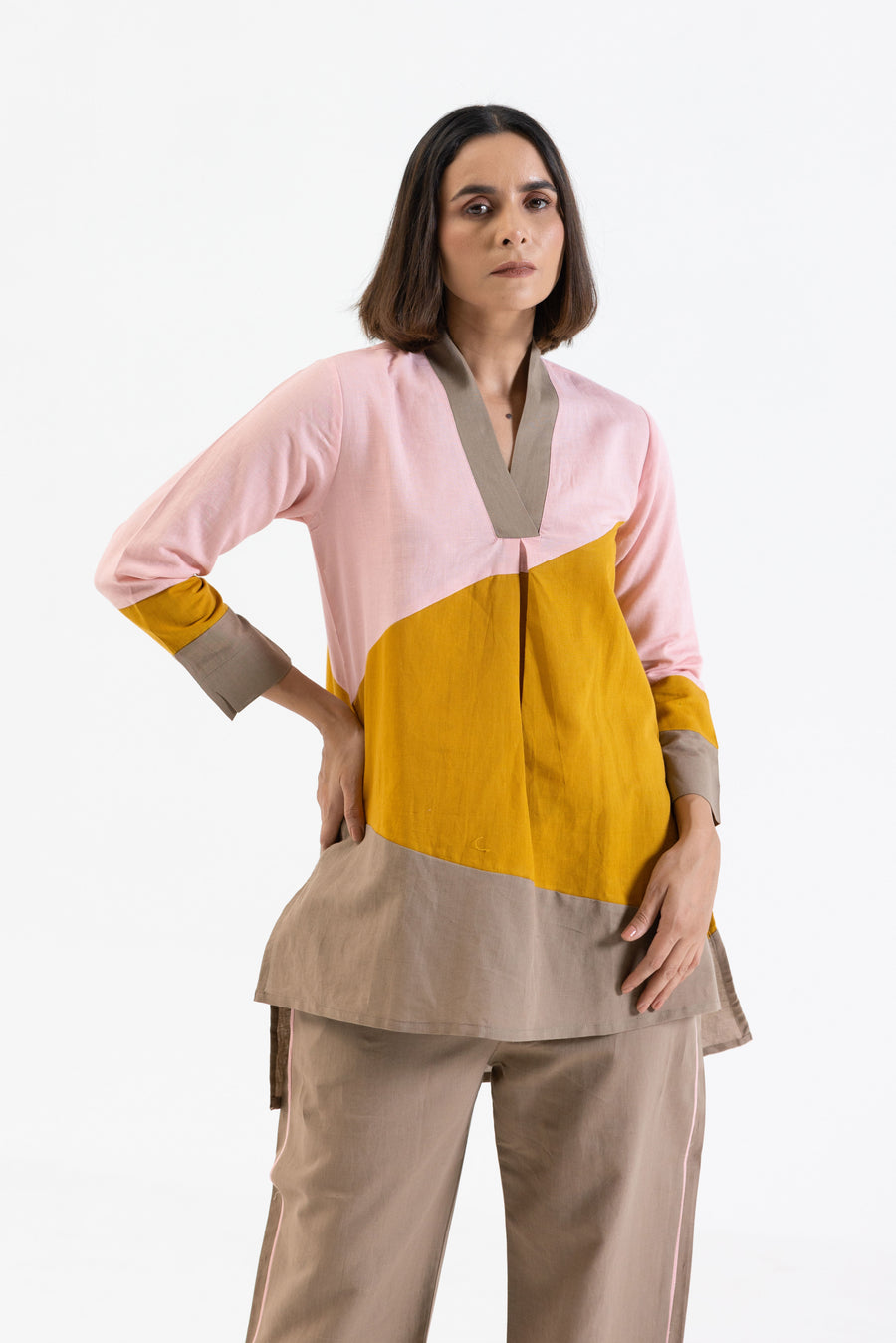 Cotton Linen Co-Ord Set in Colour Block