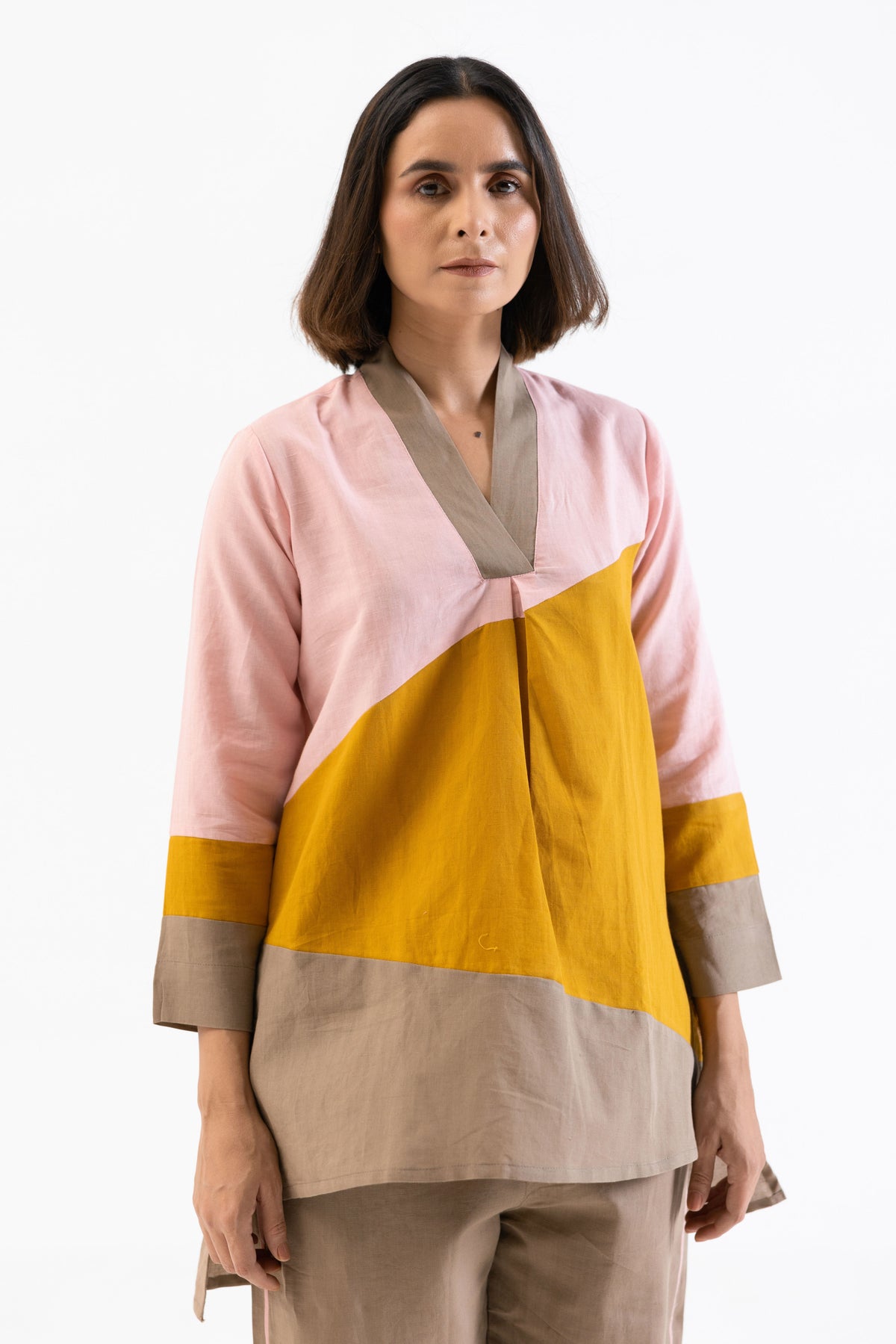Cotton Linen Co-Ord Set in Colour Block