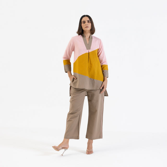 Cotton Linen Co-Ord Set in Colour Block