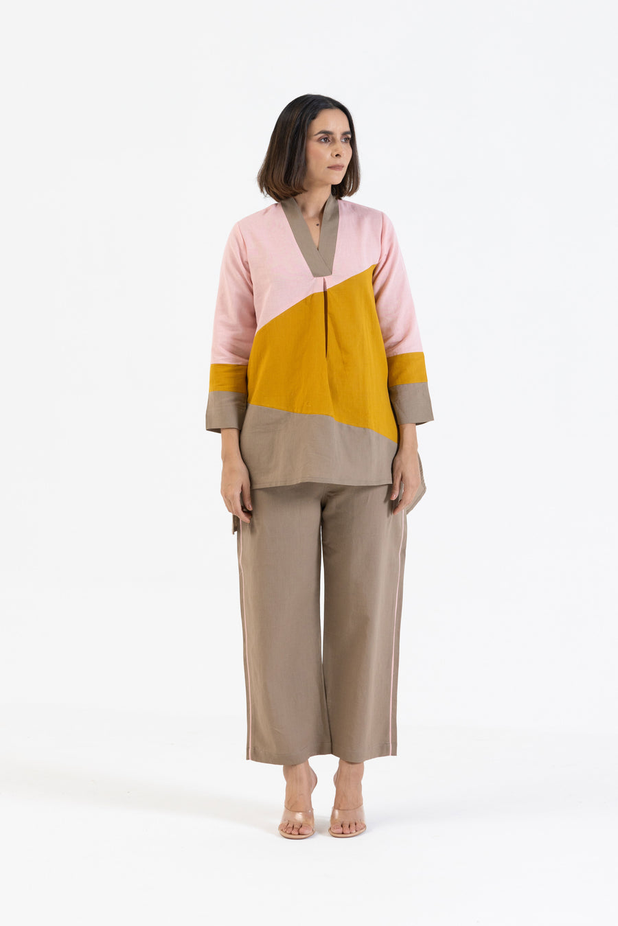 Cotton Linen Co-Ord Set in Colour Block