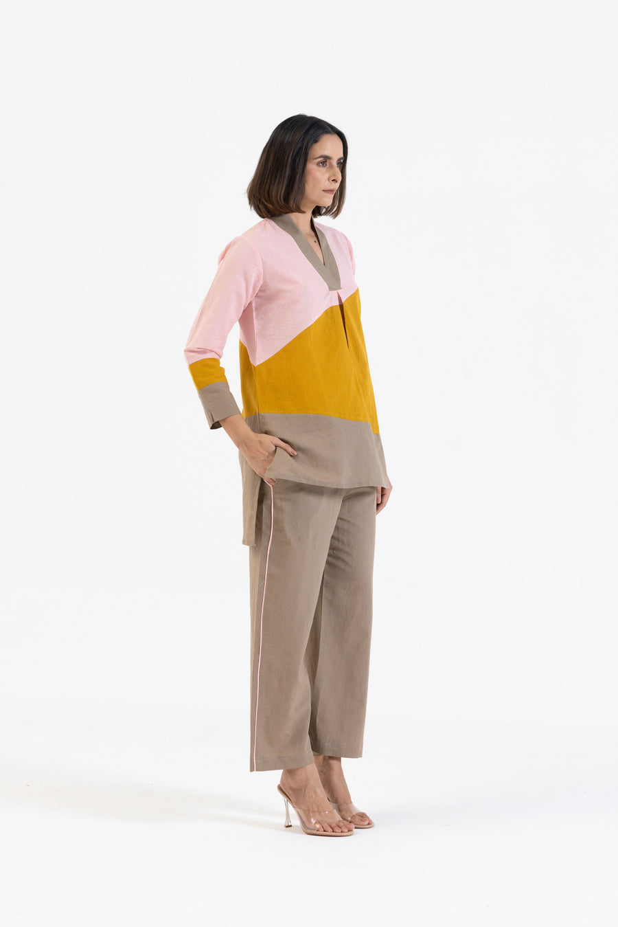 Cotton Linen Co-Ord Set in Colour Block