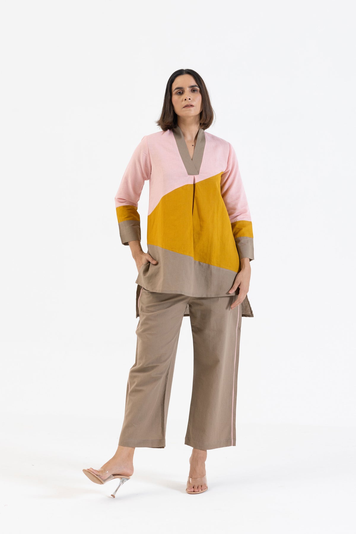 Cotton Linen Co-Ord Set in Colour Block