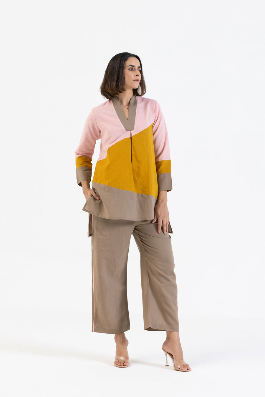 Cotton Linen Co-Ord Set in Colour Block