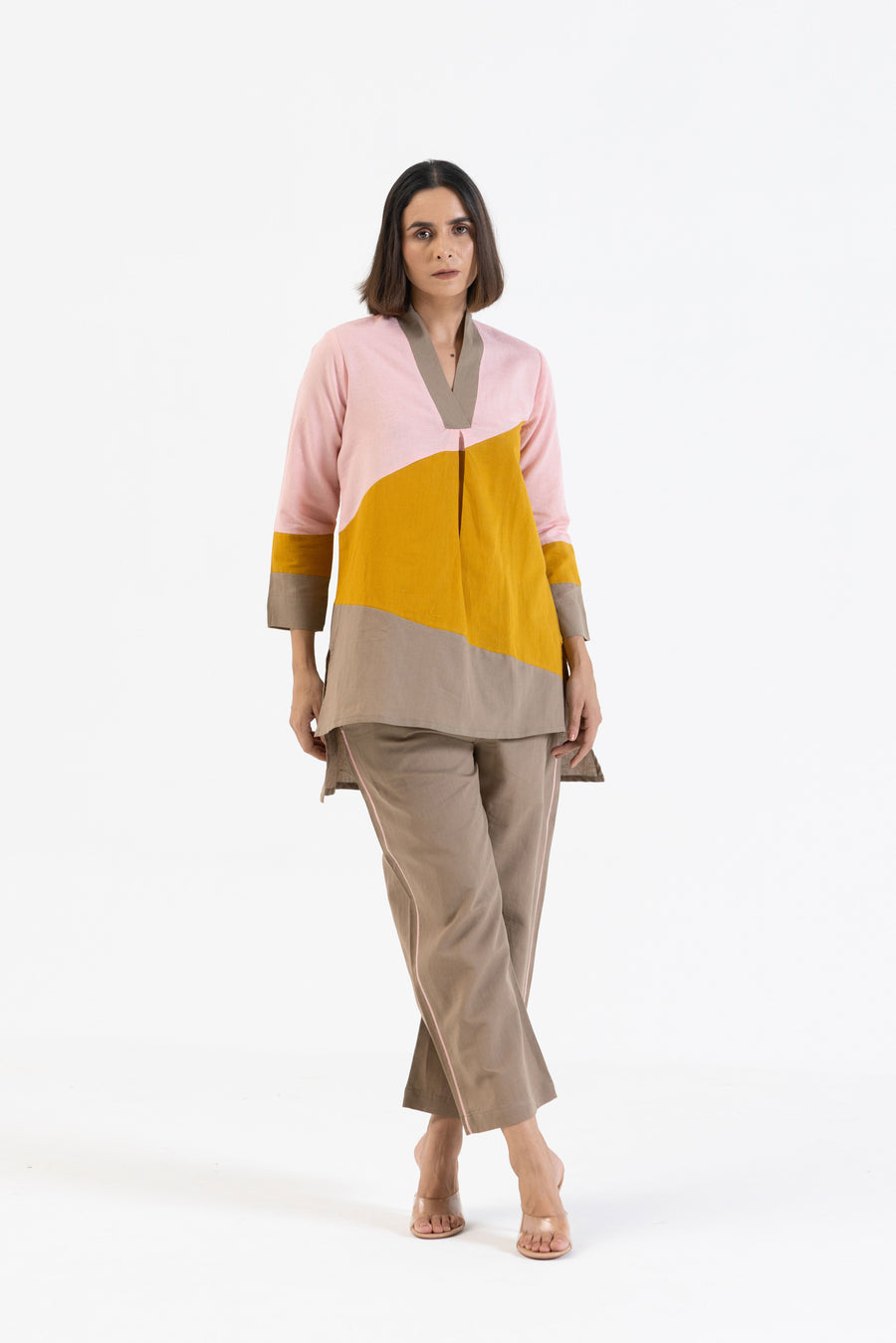 Cotton Linen Co-Ord Set in Colour Block