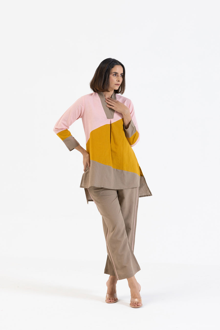 Cotton Linen Co-Ord Set in Colour Block