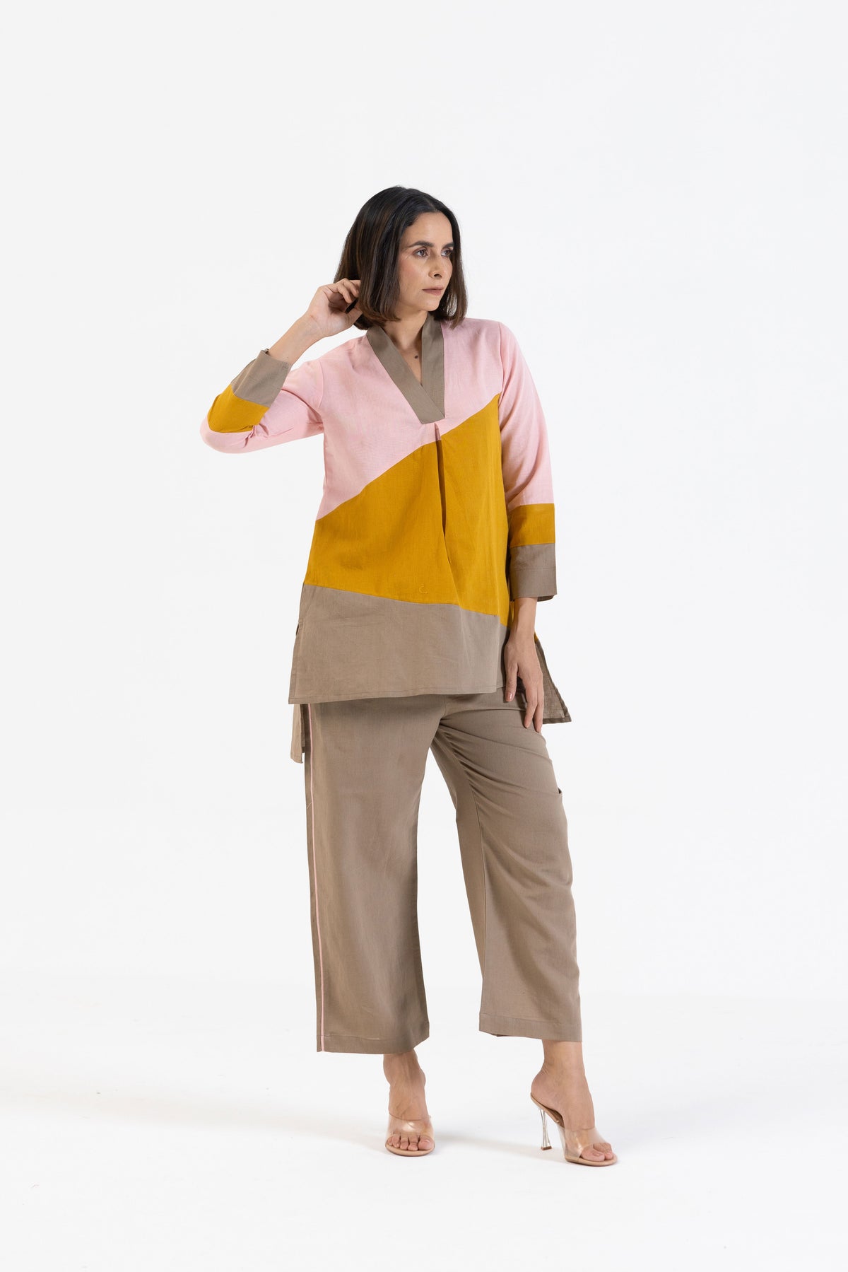 Cotton Linen Co-Ord Set in Colour Block