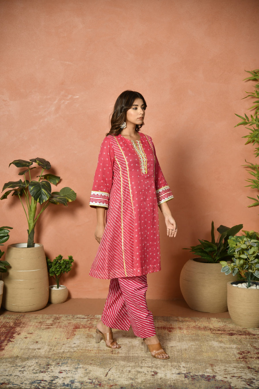 Rani pink festive embroidered Kota Doria suit set - styled look - EKOHUM