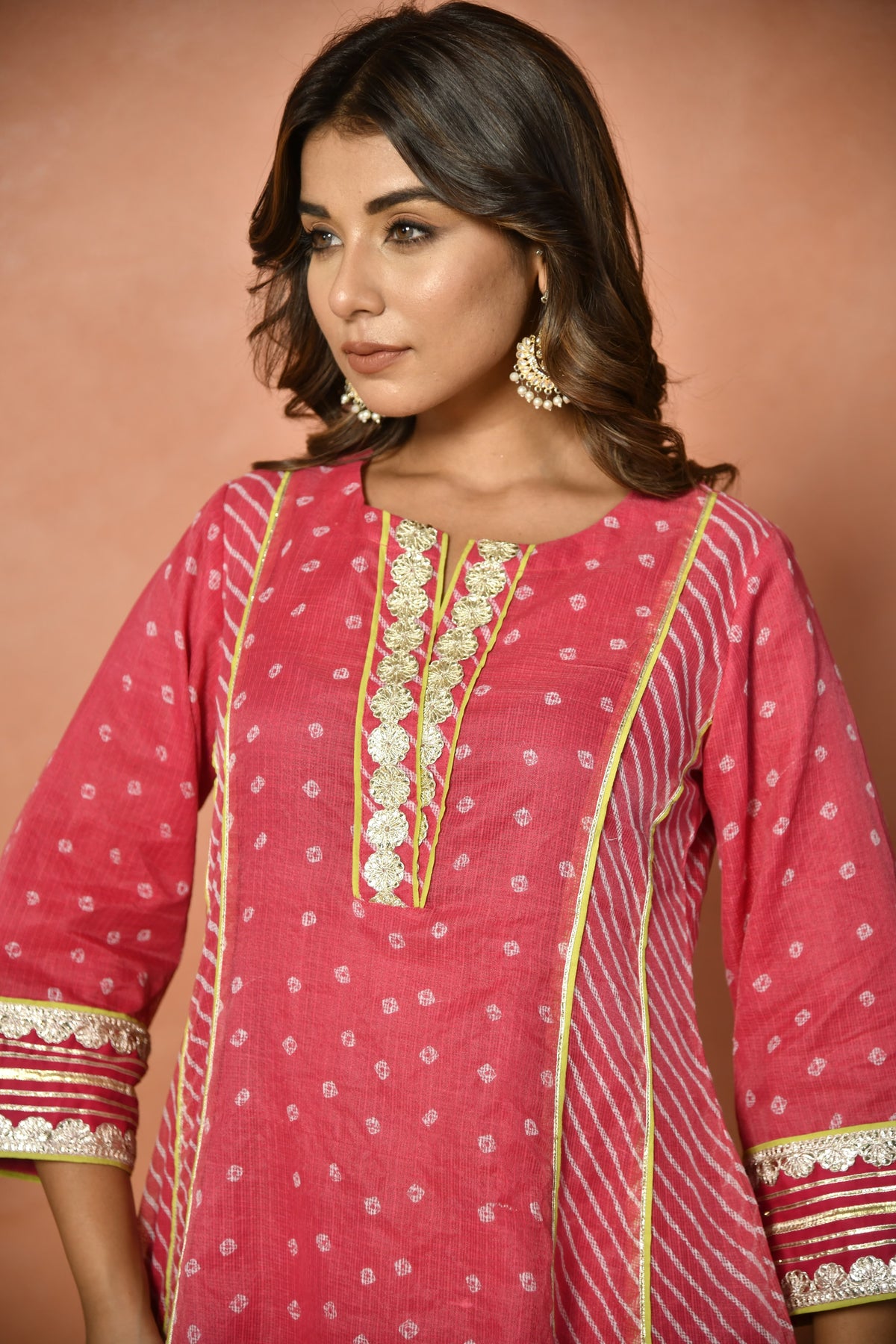 Rani pink festive embroidered Kota Doria suit set - back view - EKOHUM