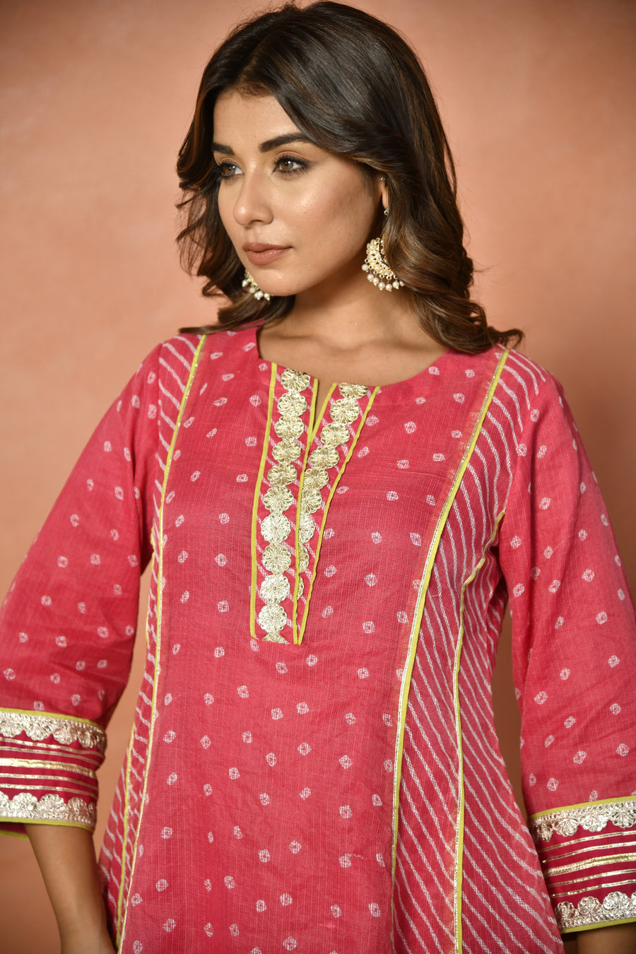 Rani pink festive embroidered Kota Doria suit set - back view - EKOHUM