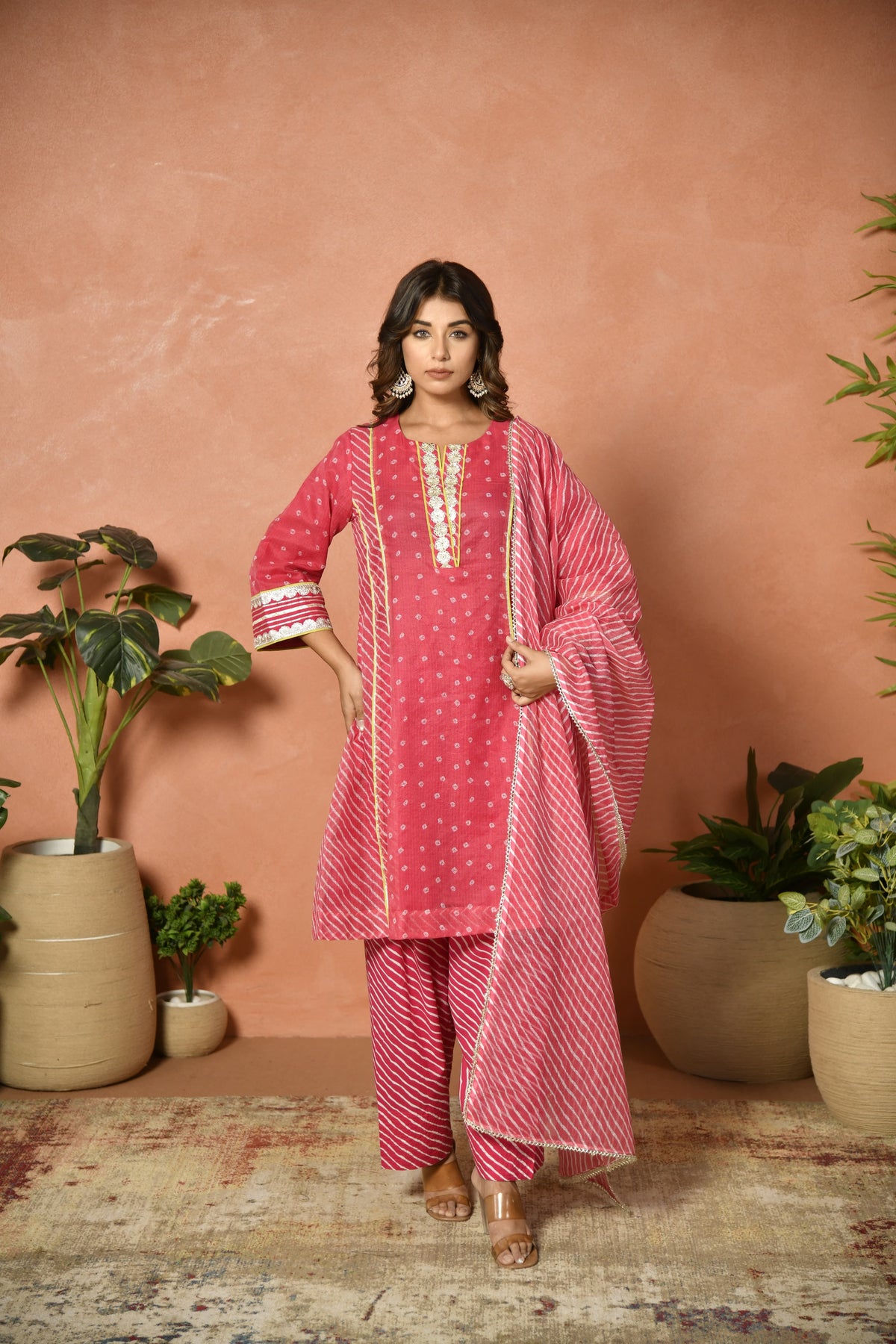 Rani pink festive embroidered Kota Doria suit set - festive styling - EKOHUM