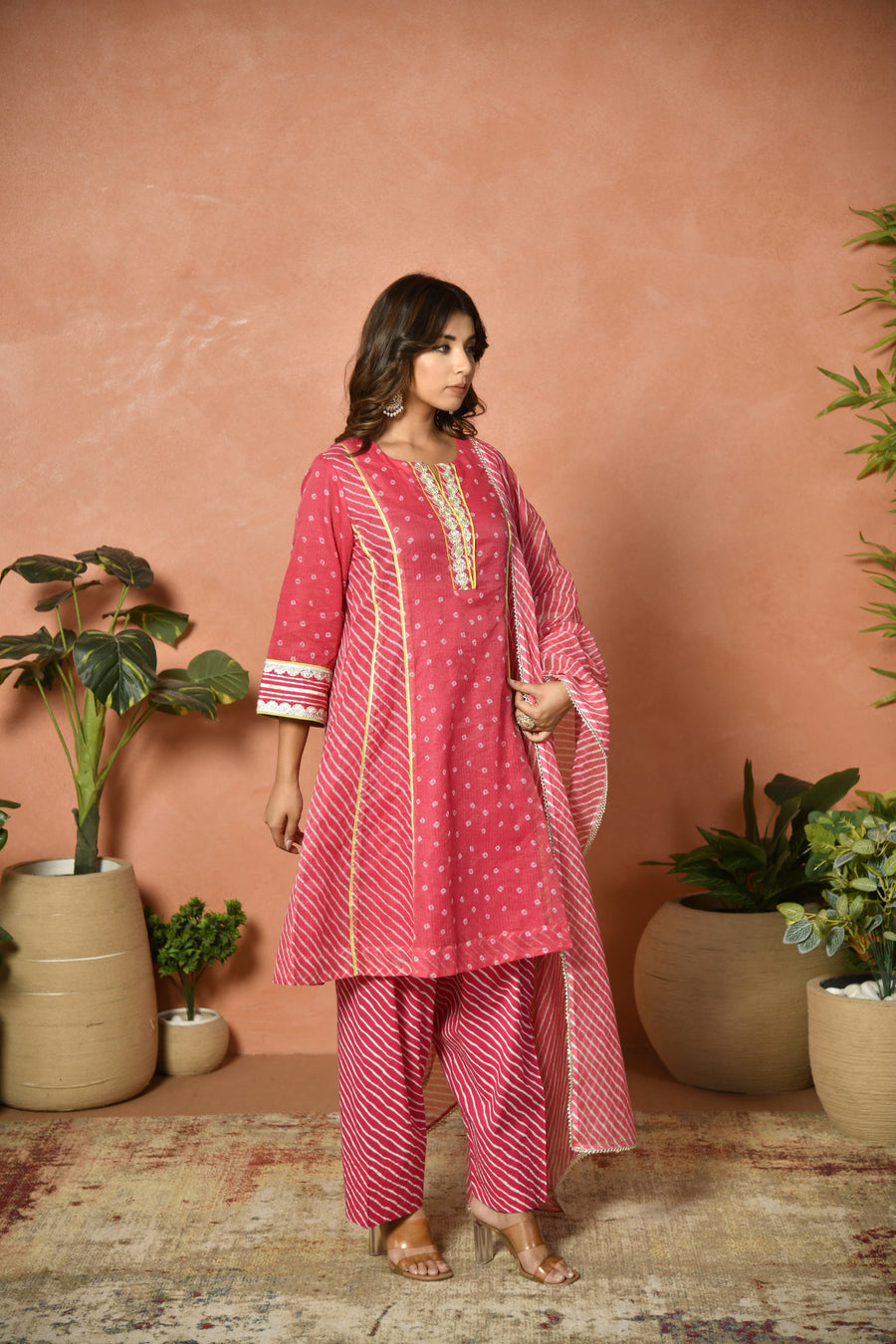 Rani pink festive embroidered Kota Doria suit set - front view - EKOHUM