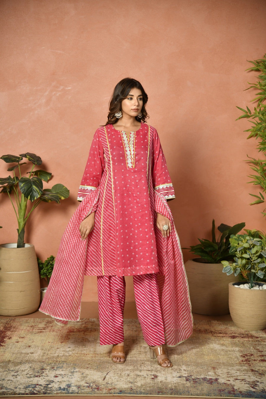Rani pink festive embroidered Kota Doria suit set - close-up detail - EKOHUM