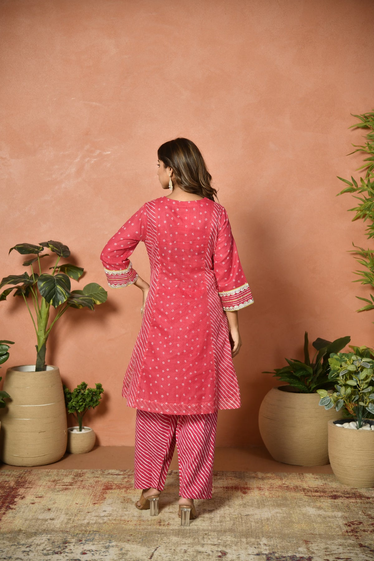 Rani pink festive embroidered Kota Doria suit set - side view - EKOHUM