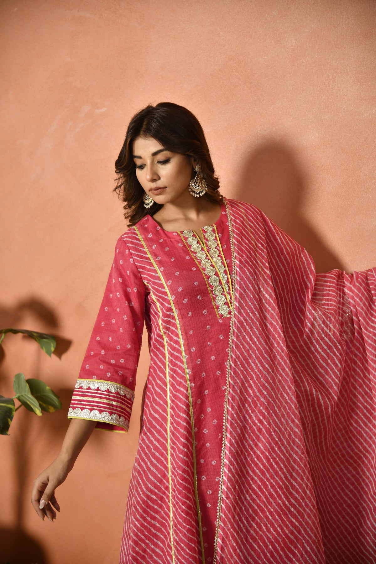 Rani pink festive embroidered Kota Doria suit set - fabric detail - EKOHUM
