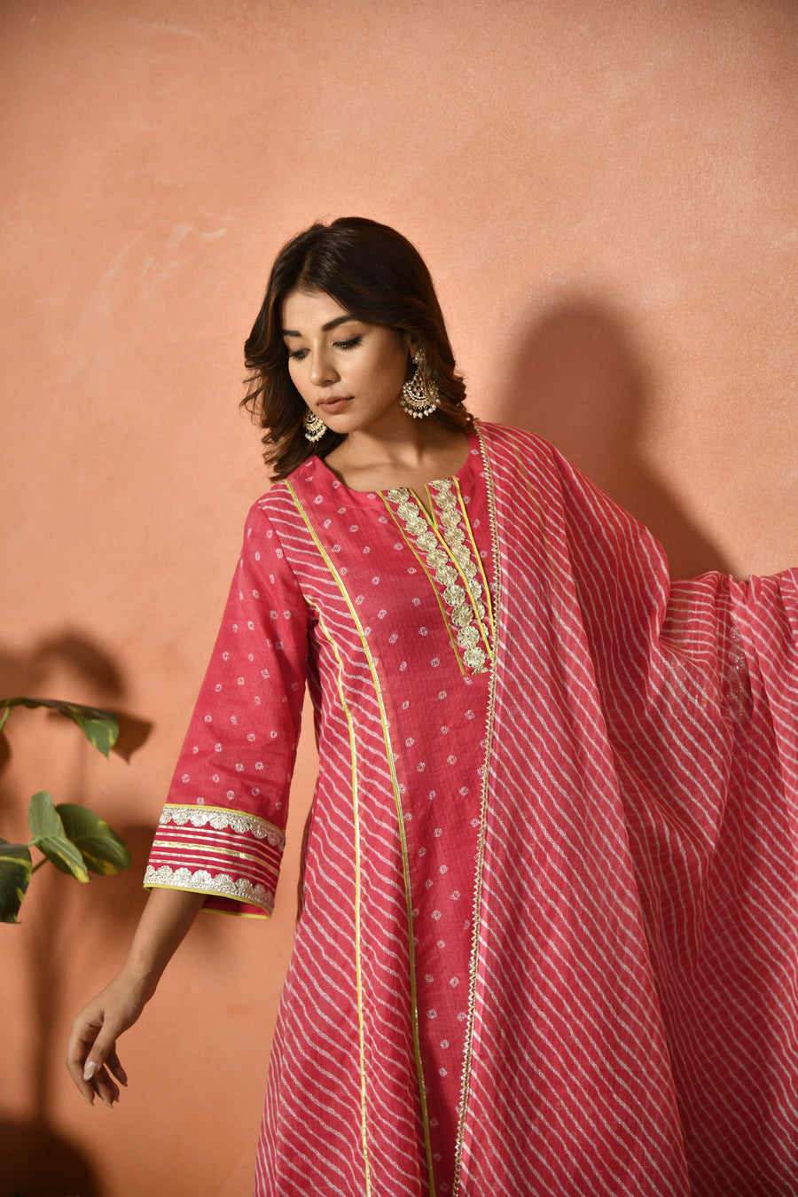 Rani pink festive embroidered Kota Doria suit set - fabric detail - EKOHUM