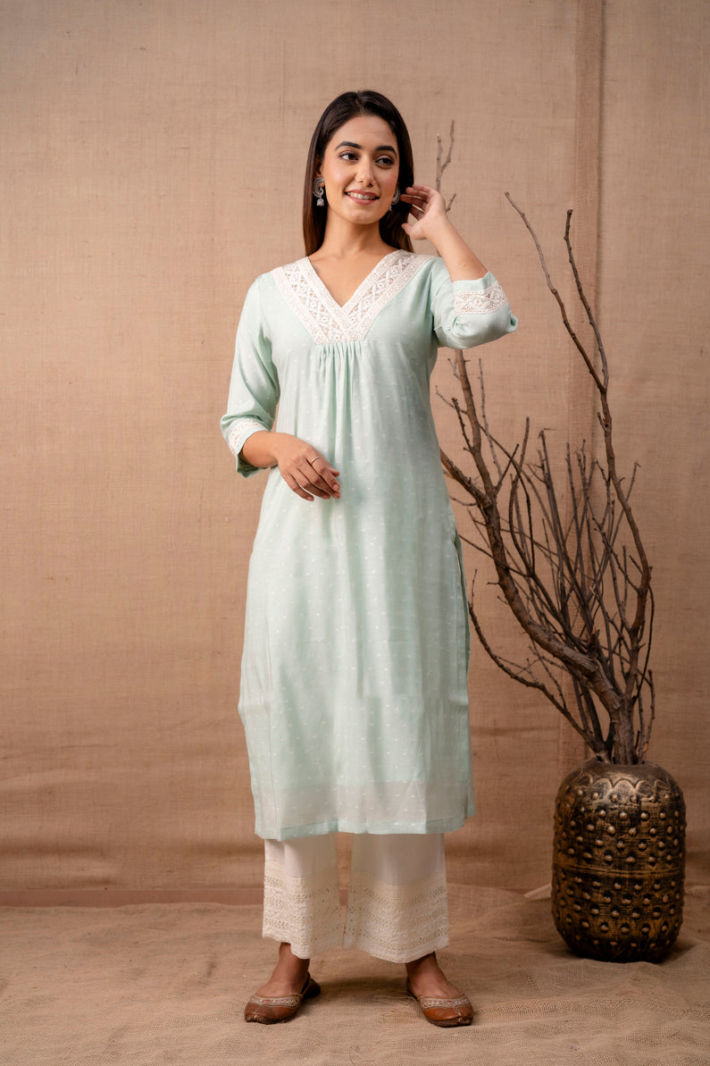 Pastel Green Chanderi Kurta with Embroidered Trims