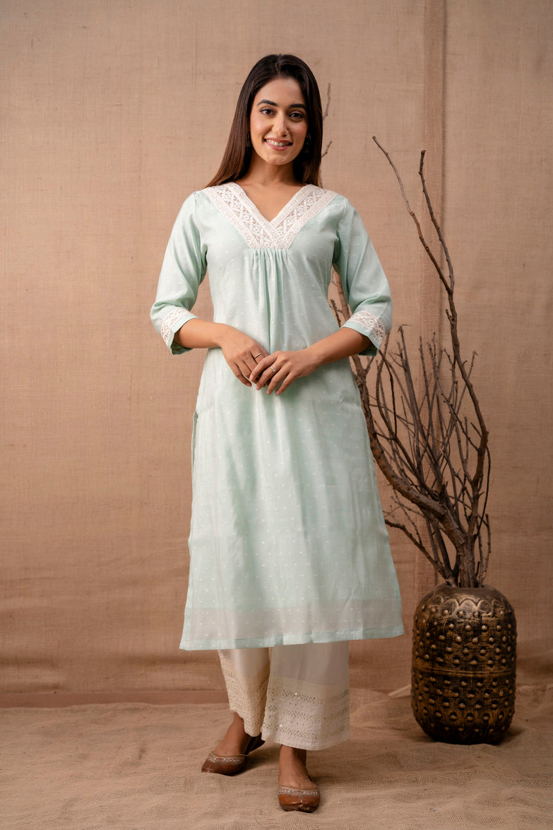 Pastel Green Chanderi Kurta with Embroidered Trims
