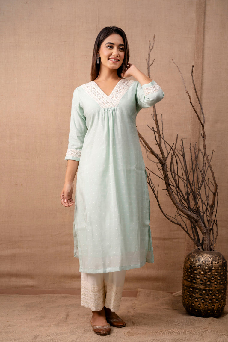 Pastel Green Chanderi Kurta with Embroidered Trims