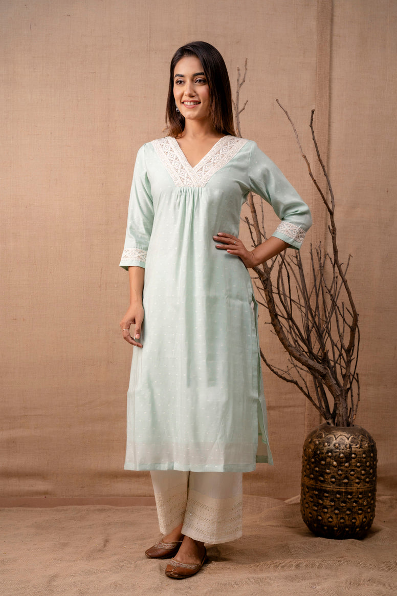 Pastel Green Chanderi Kurta with Embroidered Trims