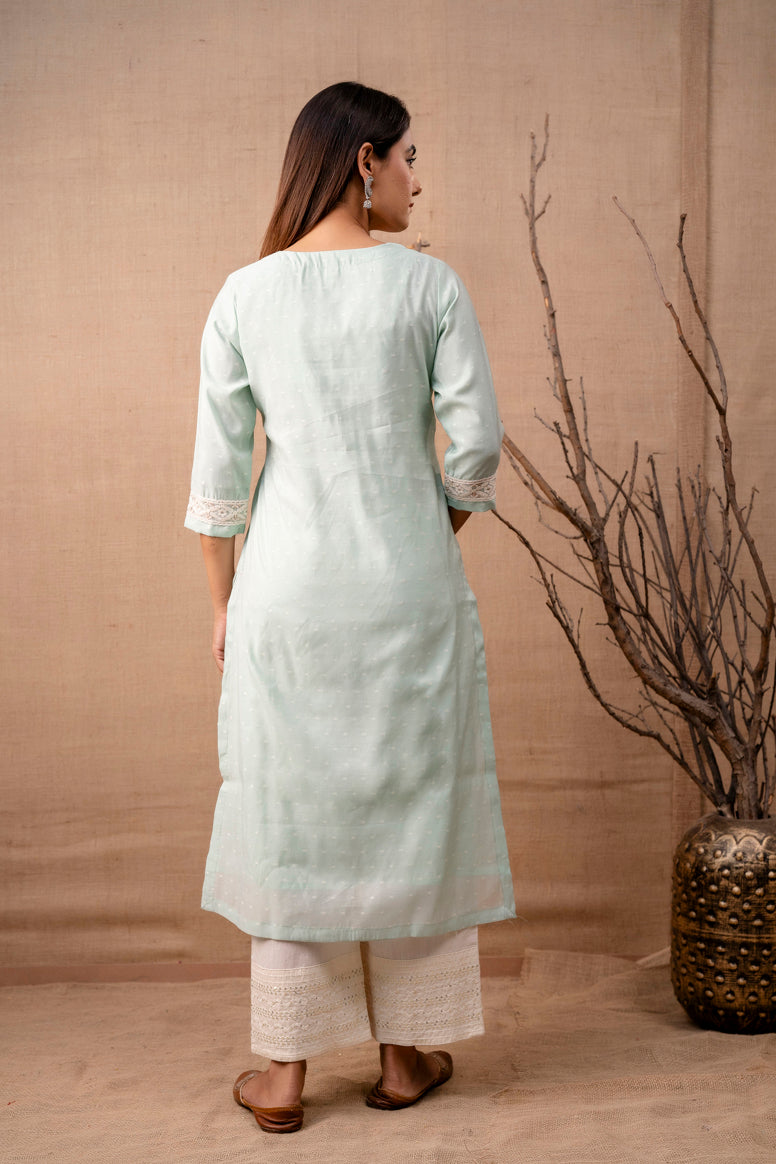 Pastel Green Chanderi Kurta with Embroidered Trims
