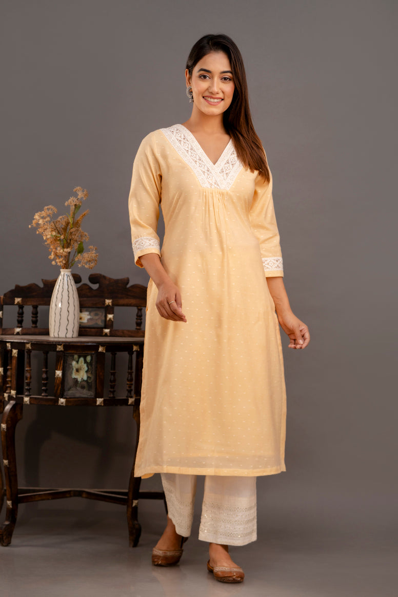 Butter Yellow Chanderi Kurta with Embroidered Trims