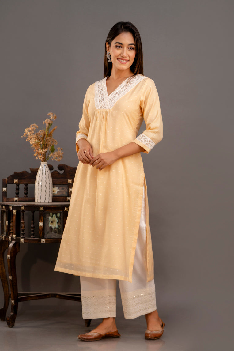 Butter Yellow Chanderi Kurta with Embroidered Trims